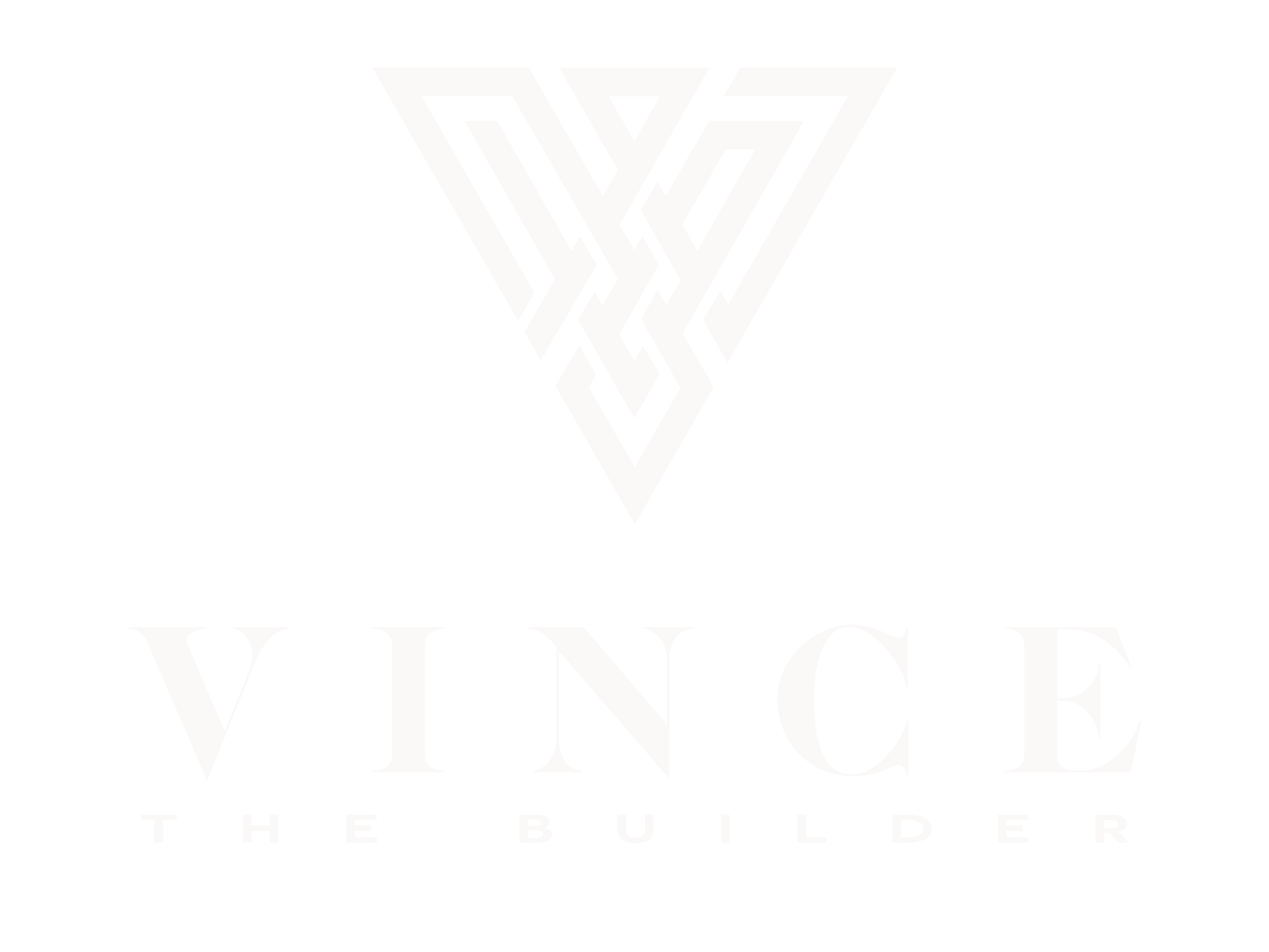 A white logo with a triangle and the word vince on a white background.