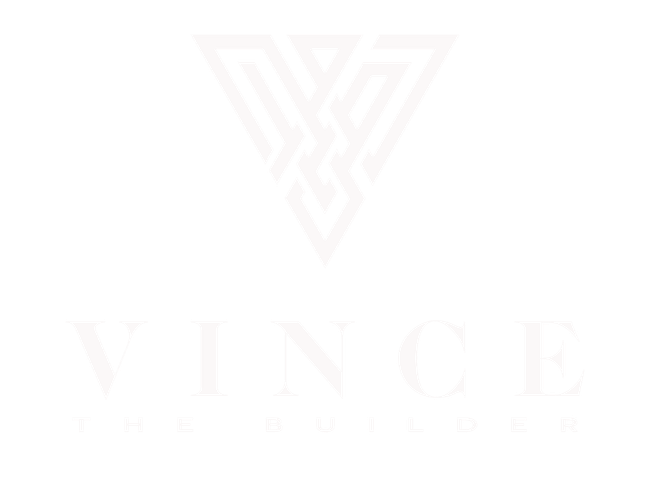 A white logo with a triangle and the word vince on a white background.