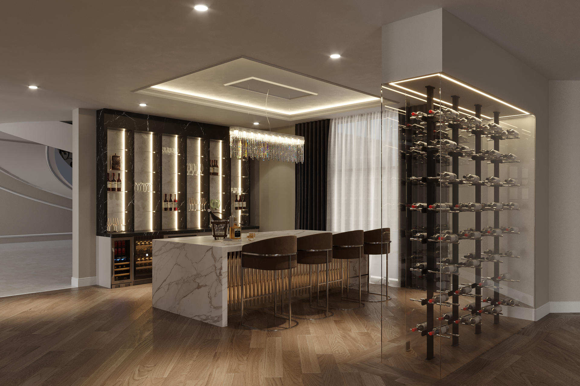 An artist 's impression of a kitchen with a wine cellar and a bar.