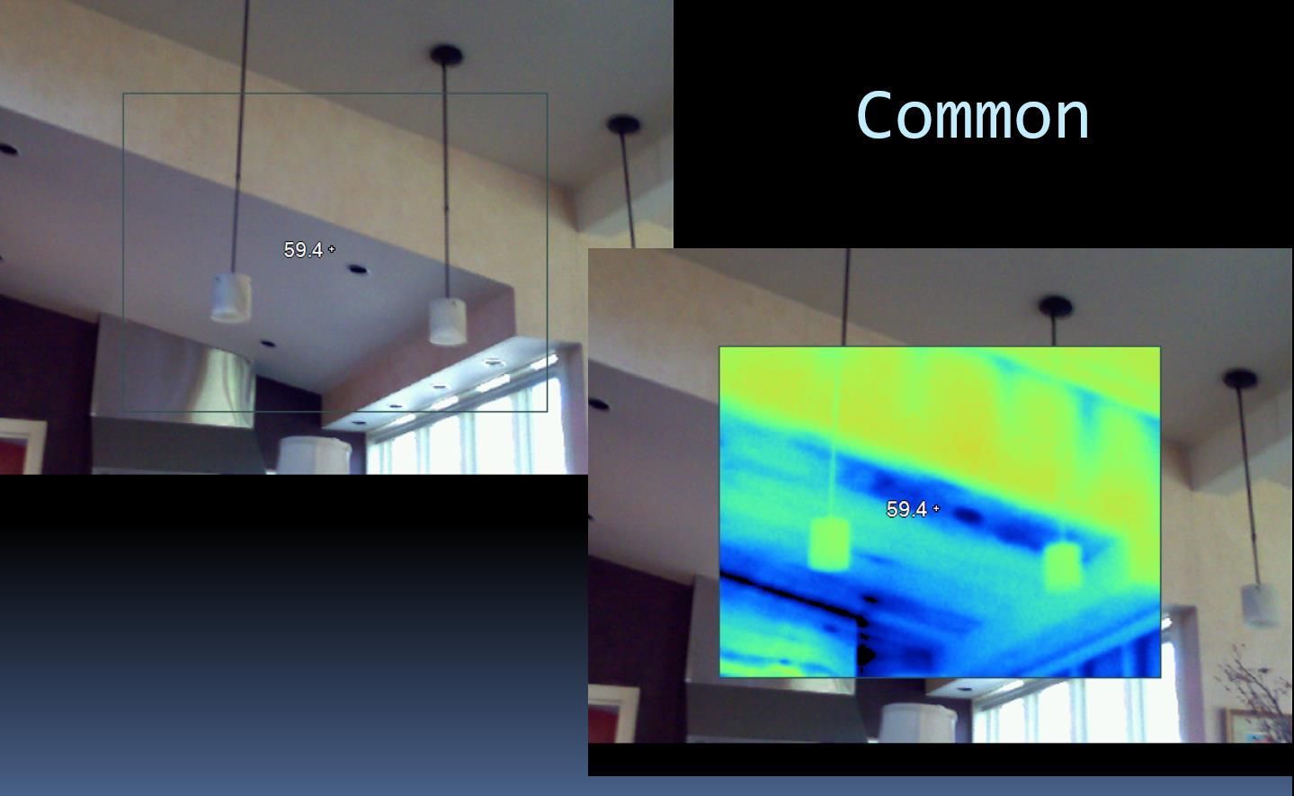 Room with pendant lights; a common view alongside a thermal image showing temperature variations.