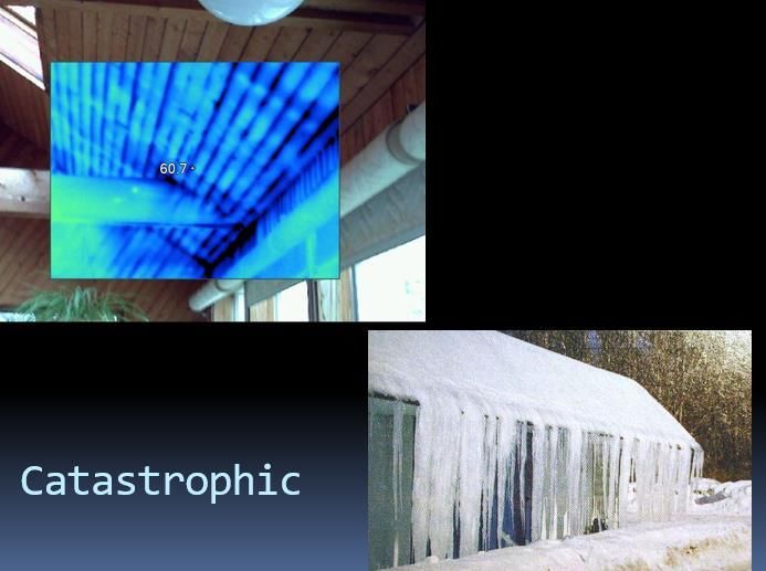 Top left: blue-toned view of building ceiling. Bottom right: building with icicles. Text: Catastrophic.