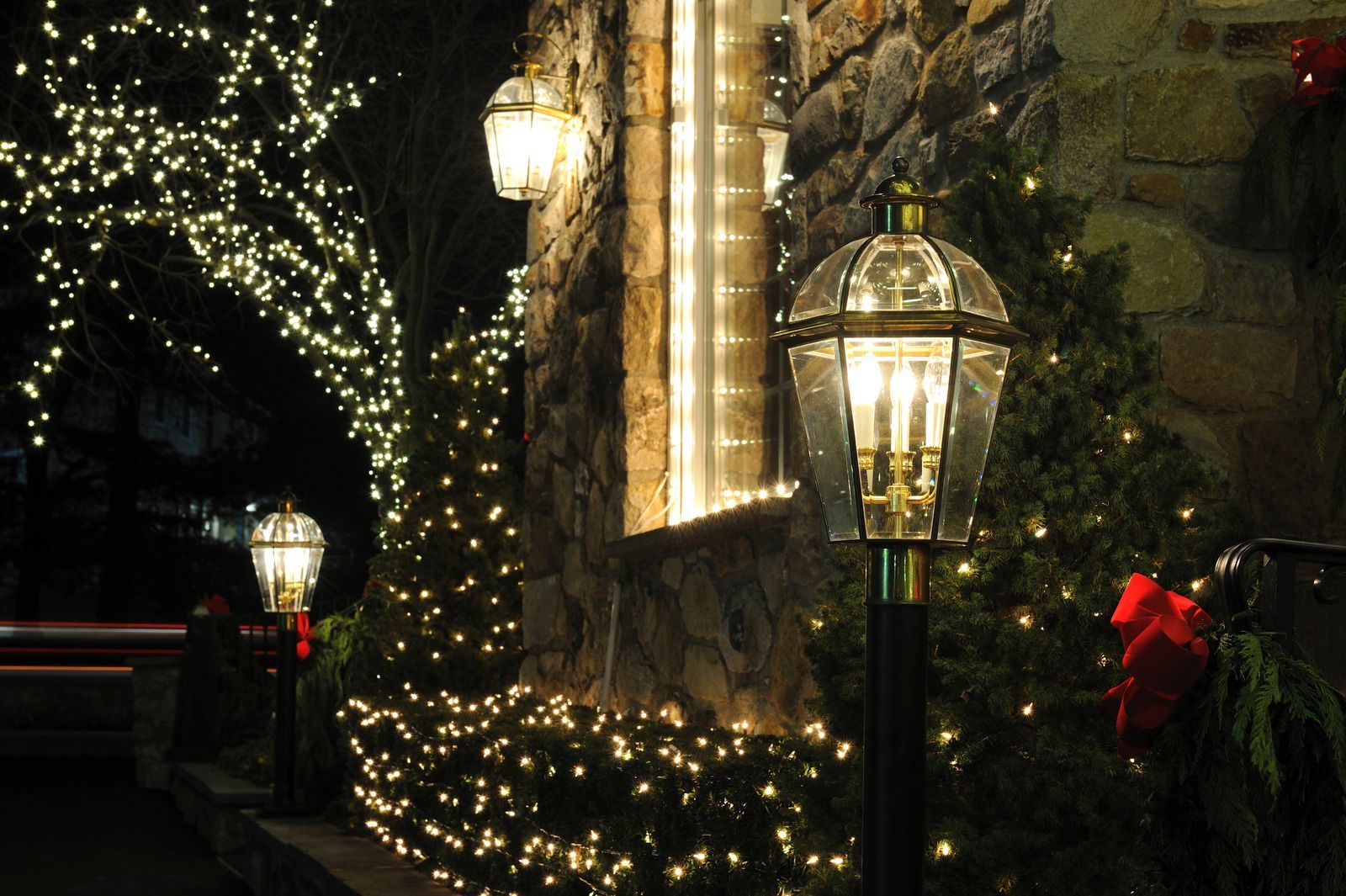 A street light is lit up in front of a house with christmas lights