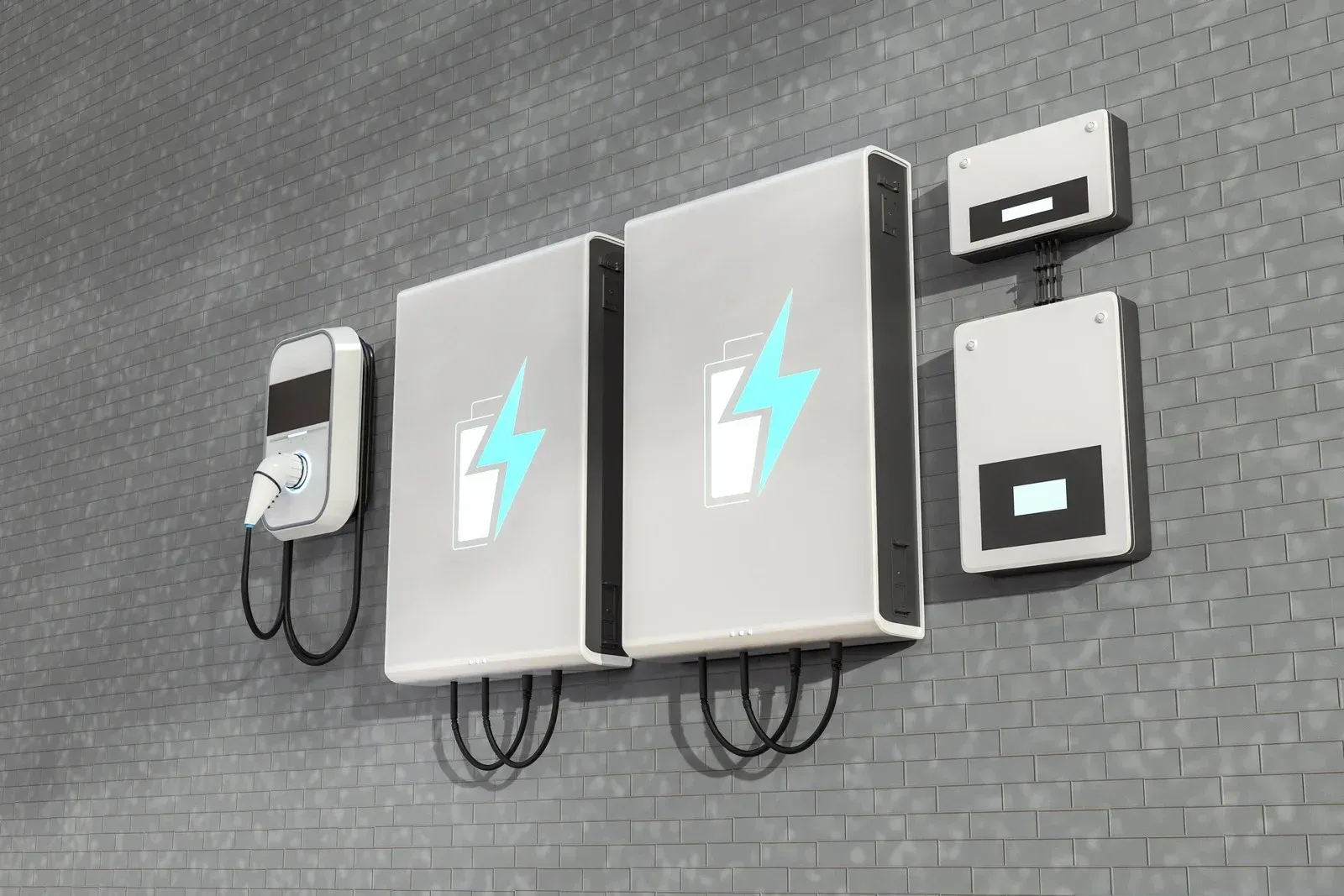Gray wall-mounted electric vehicle charging equipment: charger, inverters.