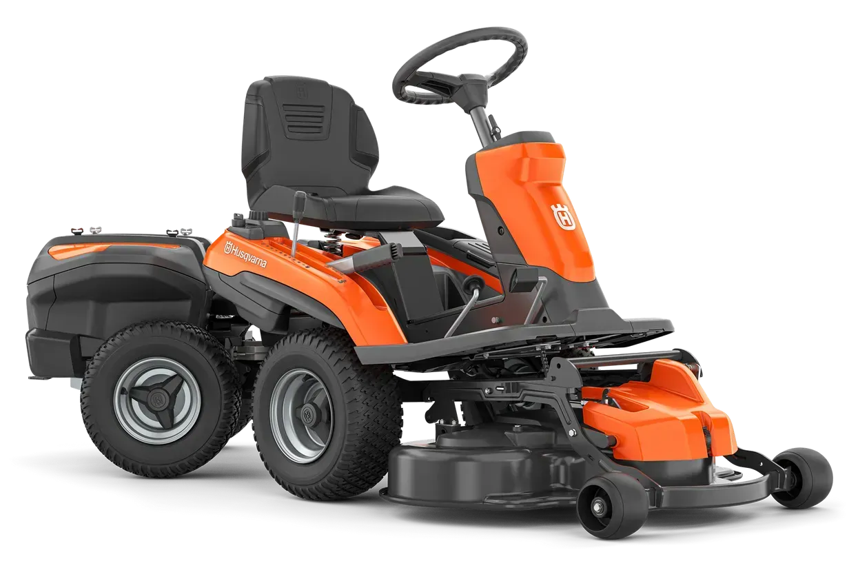 An Orange and Black Lawn Mower with A Steering Wheel on A White Background — Mid Coast Mowers In Taree, NSW