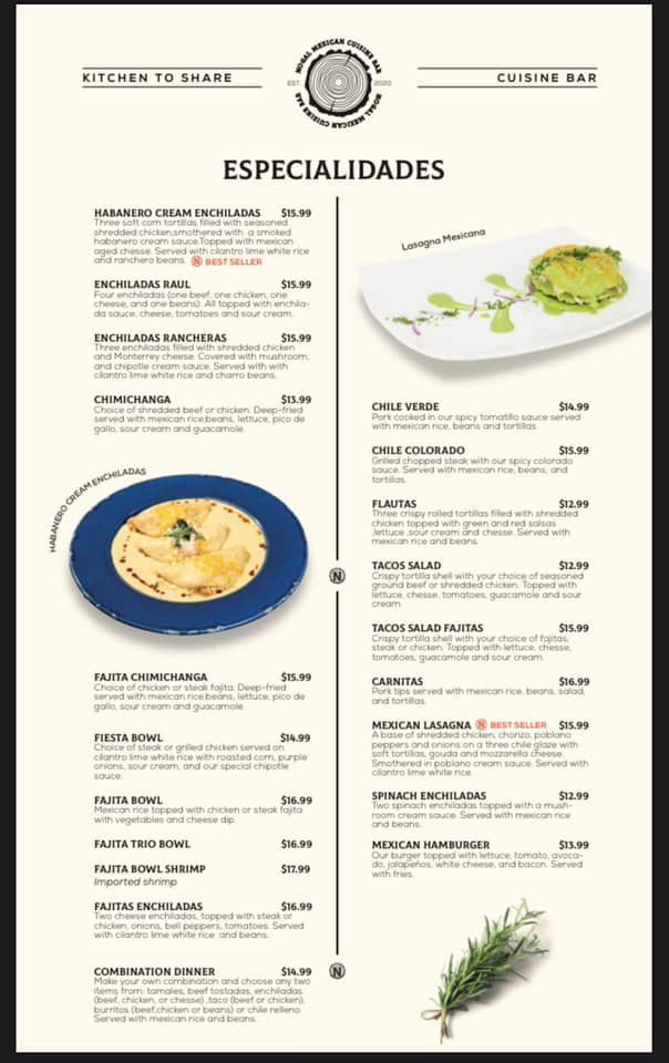 A menu for a restaurant with a plate of food on it.