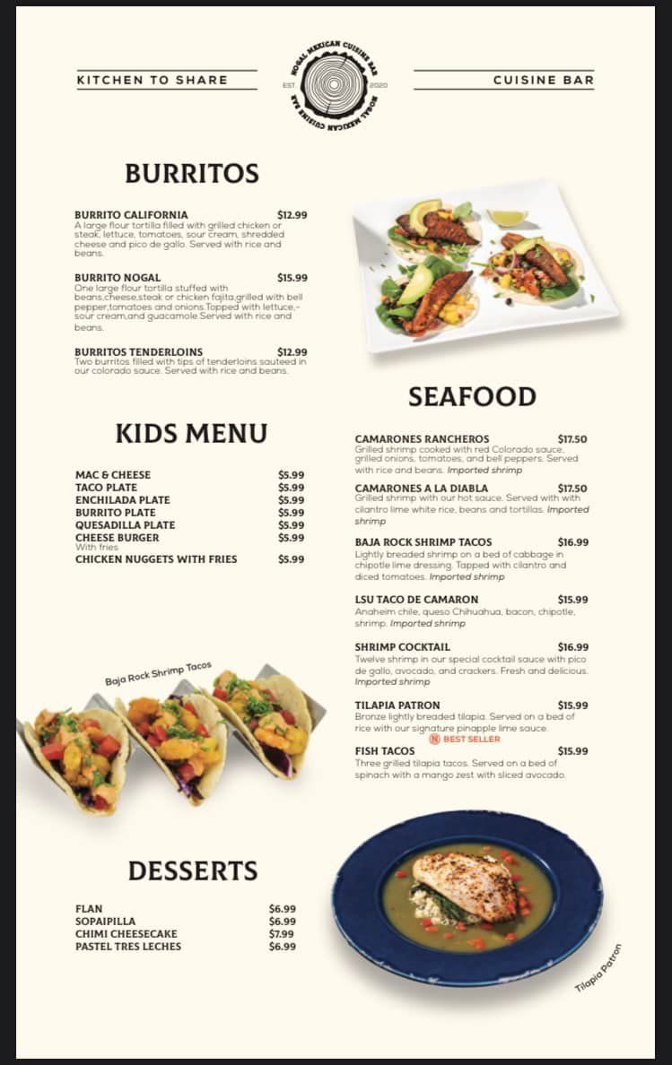 A menu for a restaurant with burritos and seafood on it