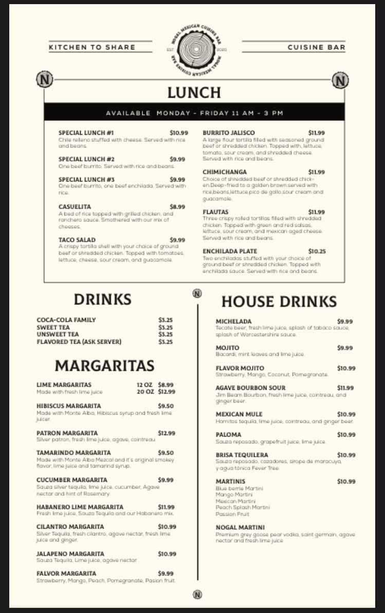 A menu for a restaurant with drinks and house drinks.