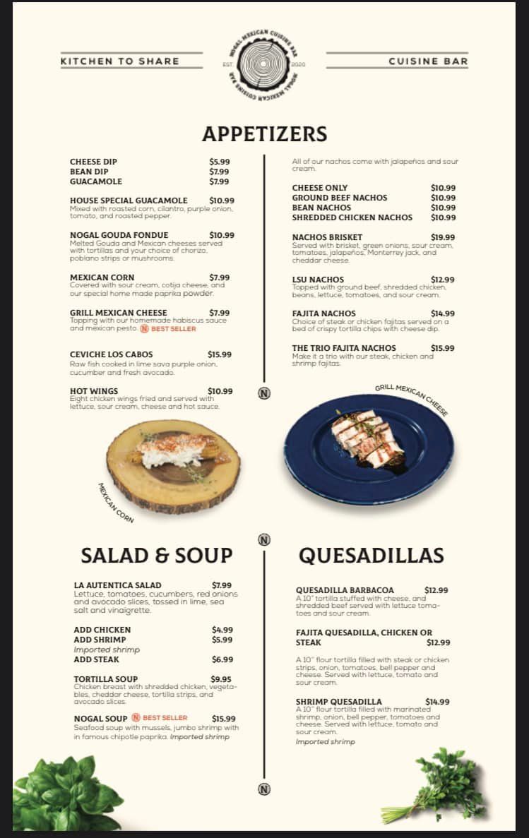 A menu for a restaurant shows appetizers , salad and soup.