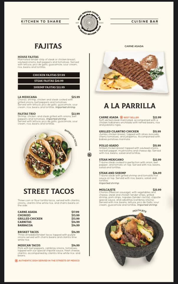 A menu for a restaurant with fajitas and street tacos on it.