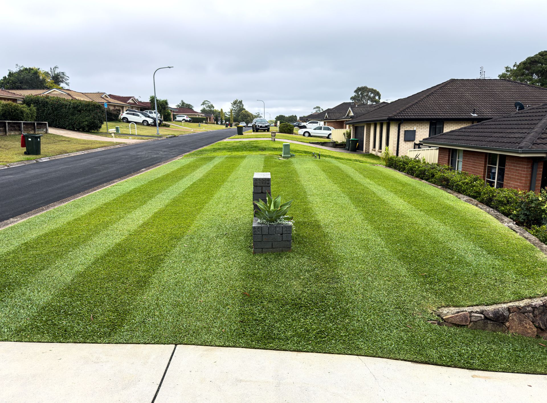 Lawn with alternating light and dark green stripes, bisected by a road, in a residential area — Mow & Mulch Lawn & Garden Maintenance In Medowie, NSW