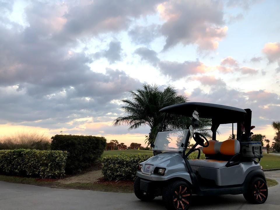 Golf cart on a golf course at dusk with cloudy sky, palm tree, and manicured bushes.