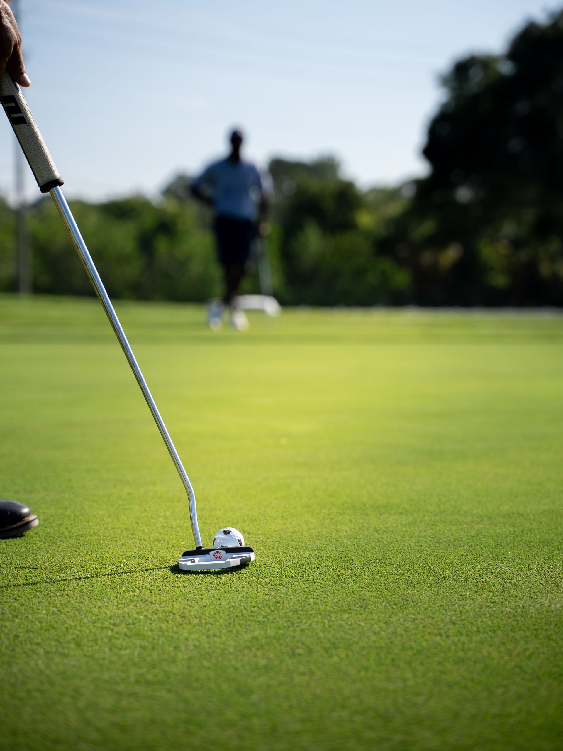 Golfer putting on green, another person in the background, sunny day.