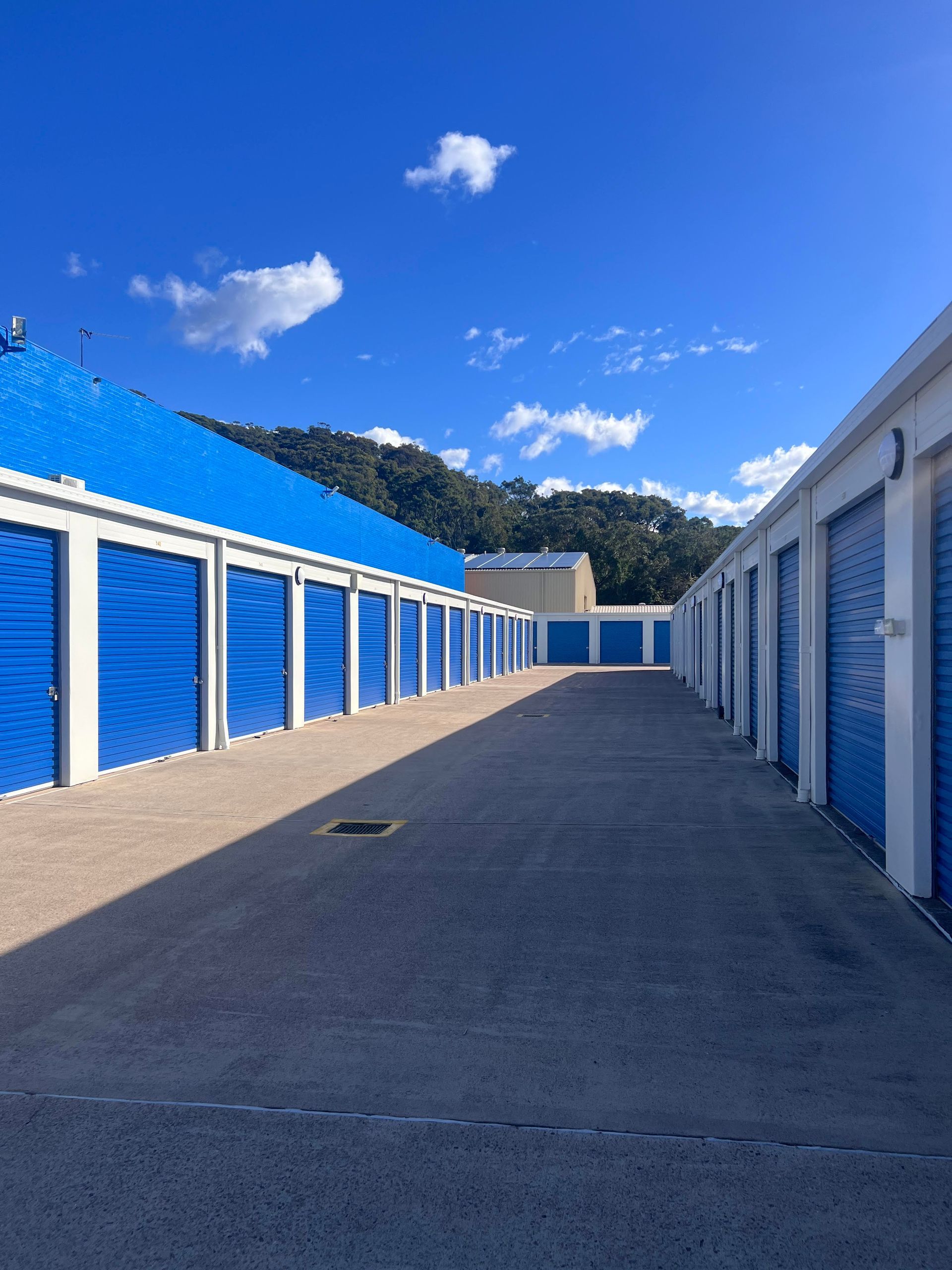 A row of storage units with blue doors on a sunny day