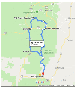 A map showing the route to hot springs in south dakota