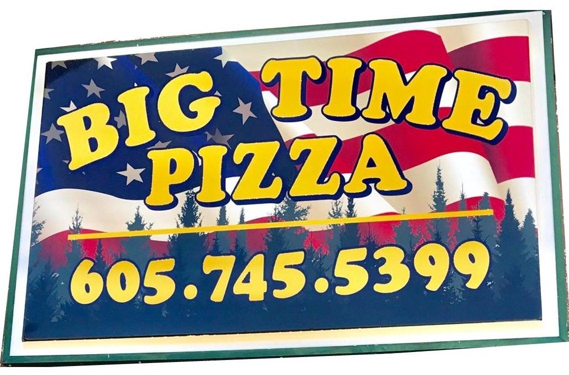 A sign for big time pizza with an american flag on it