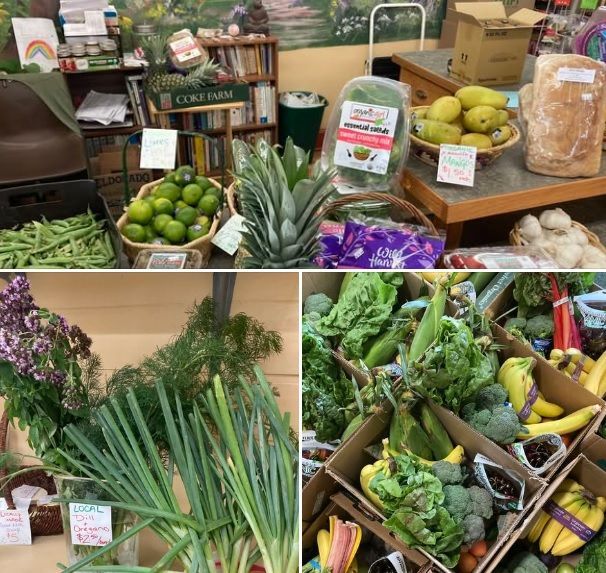 A collage of fruits and vegetables including a pineapple