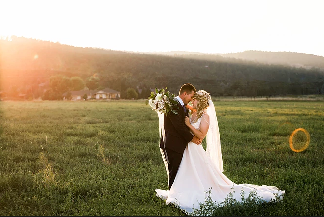 A bride and groom are kissing in a field at their wedding.