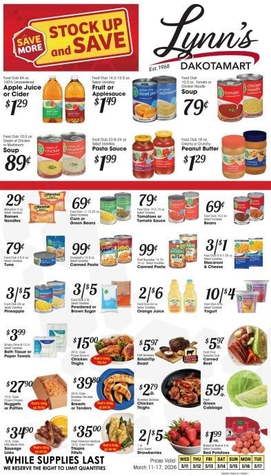 Lynn's Dakotamart grocery ad: Produce, burgers, chicken, pizza, sauces, and other food items on sale.
