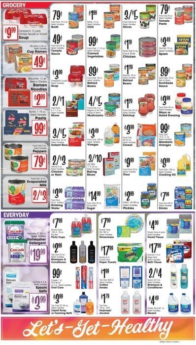 Grocery store advertisement with sale prices on various food and household items.