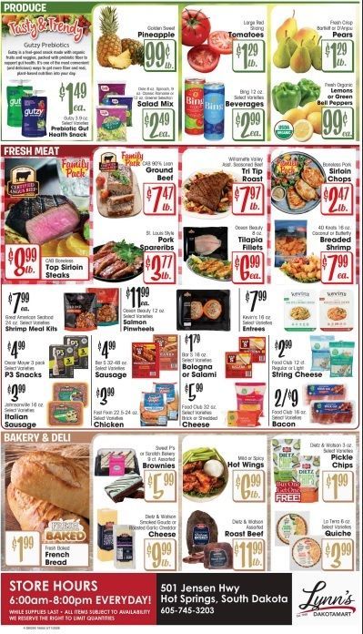 Grocery store ad featuring produce, meat, dairy, and baked goods. Prices and items are shown.