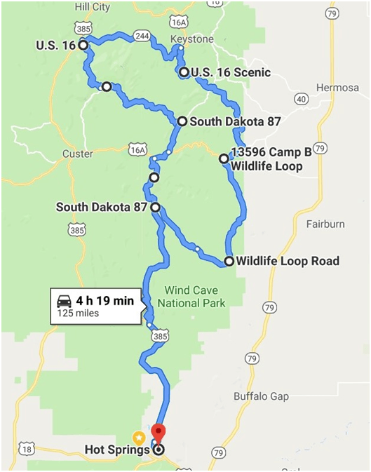 A map showing the route of a wildlife loop road