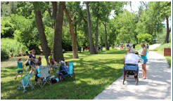 A group of people are sitting in chairs in a park.
