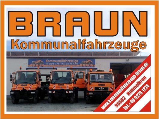 Ein Schild für Braun Kommunalfahrzeuge mit Lastwagen davor