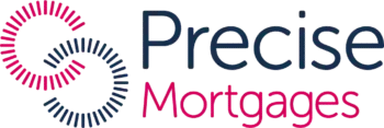 Logo for Precise Mortgages: two interlocking, stylized swirls, navy blue and magenta.