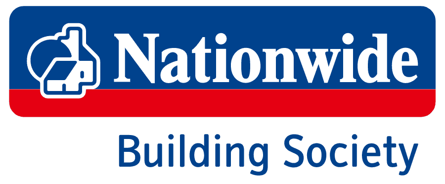 Nationwide Building Society logo: blue background, red stripe, white house icon, text 