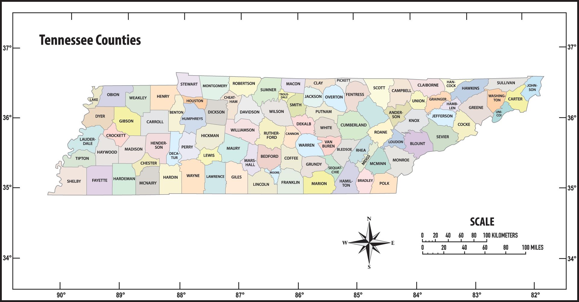 Map of Tennessee counties.