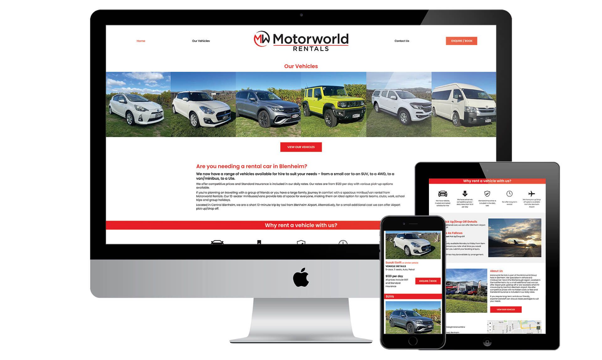 Motorworld Car Rentals website designed by Vanilla Hayes creative - design studio in Blenheim, Marlborough, New Zealand