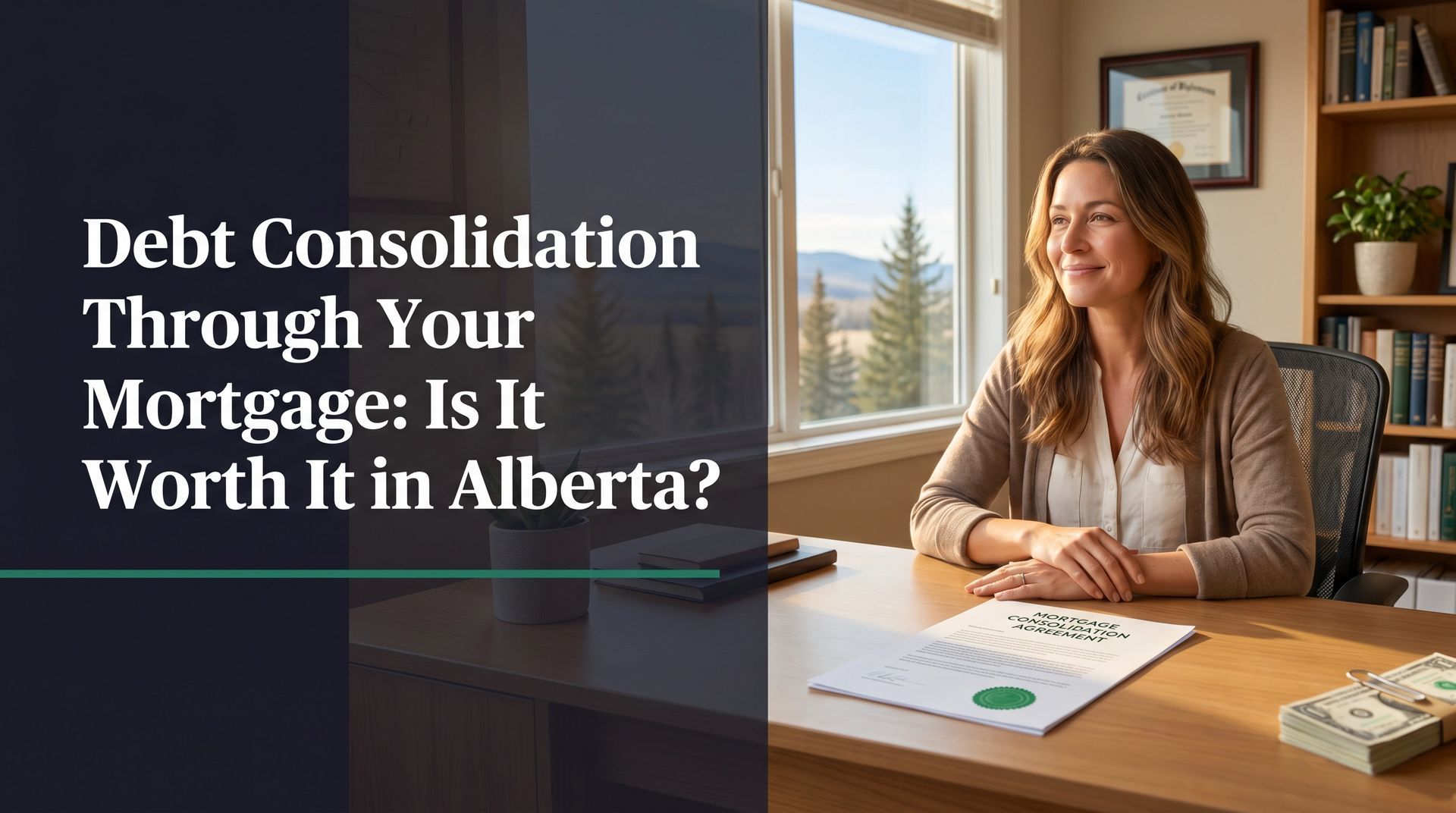 Debt consolidation through mortgage in Alberta, with woman at desk beside stacked bills and window view