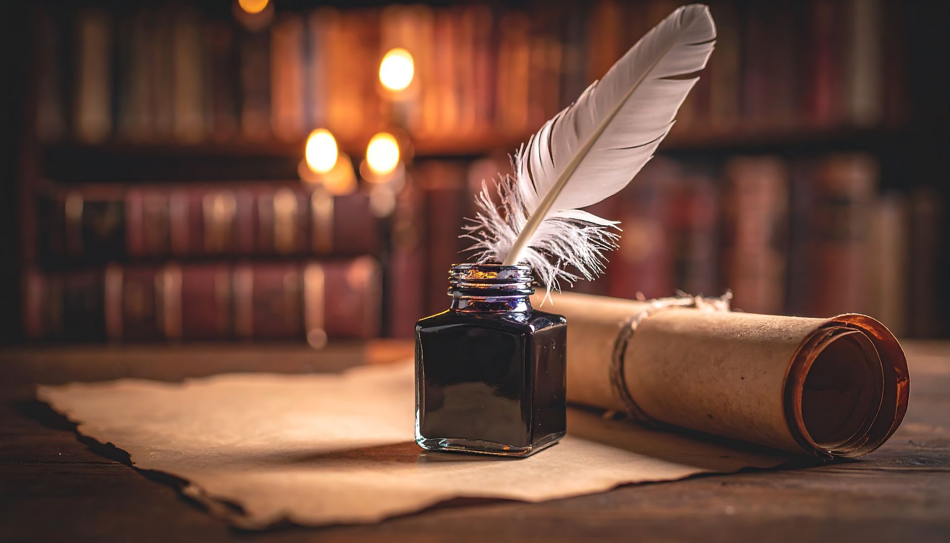 Quill pen in inkwell atop aged paper, next to rolled parchment. Bookshelf in background.