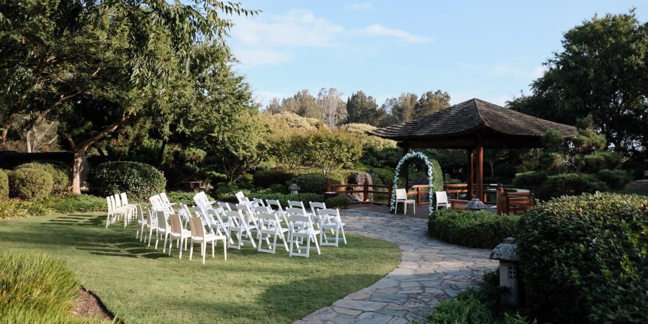 A Row Of White Chairs Are Lined Up In A Garden In Front Of A Gazebo — Top Point Café In East Gosford, NSW