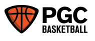 A logo for pgc basketball with a basketball on a shield.