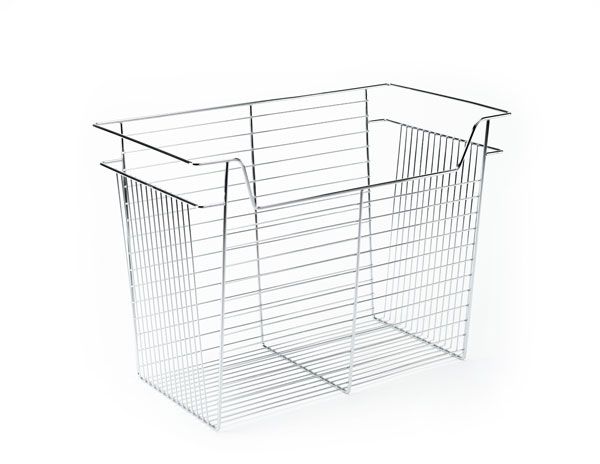 A wire laundry basket with handles on a white background.