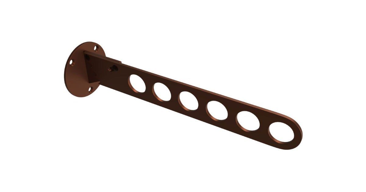 A brown metal bracket with holes in it on a white background.