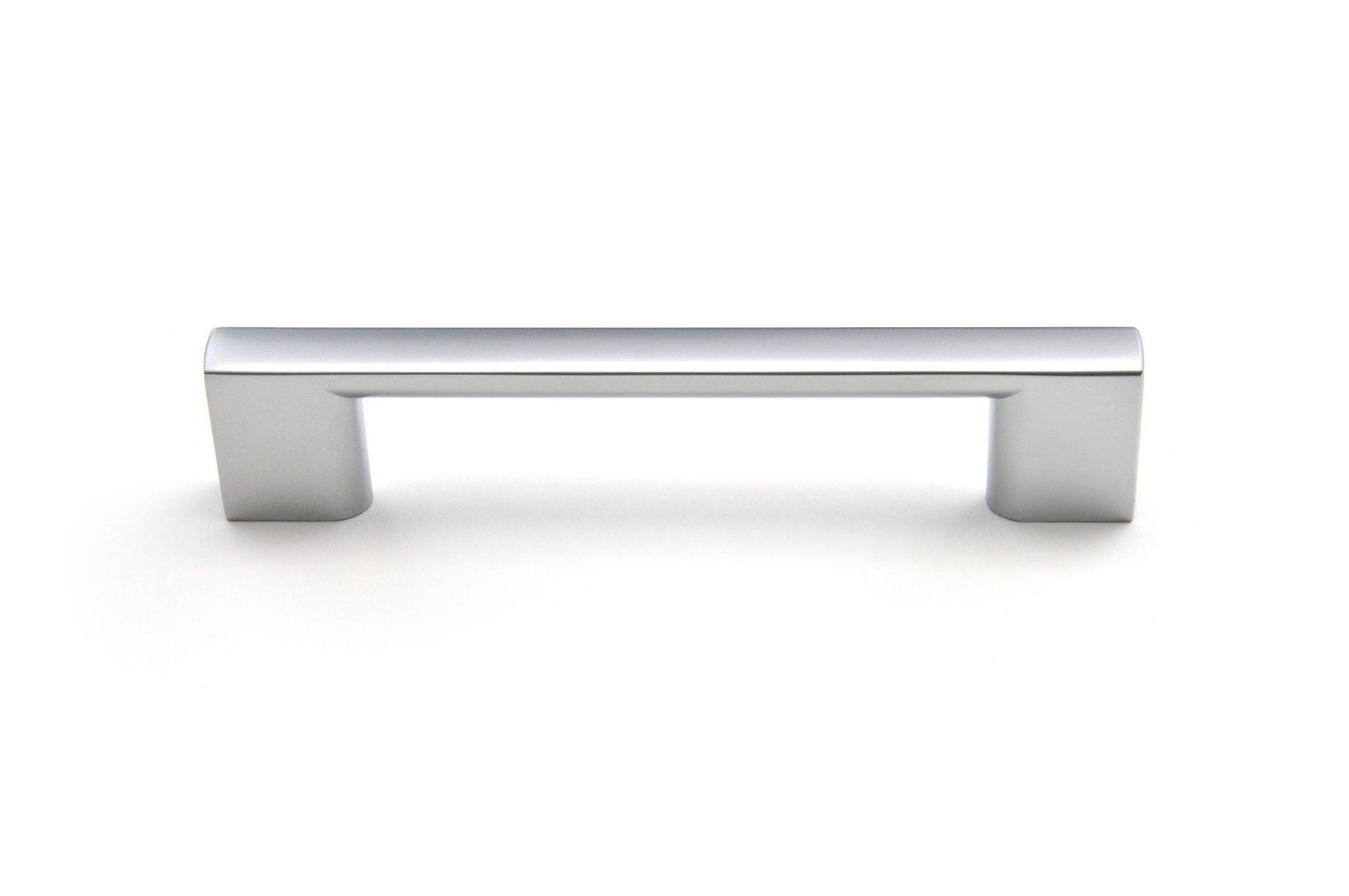 A stainless steel cabinet handle on a white background.