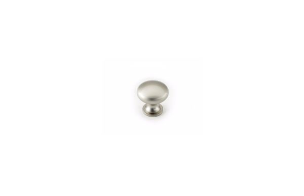 A small stainless steel knob on a white background.