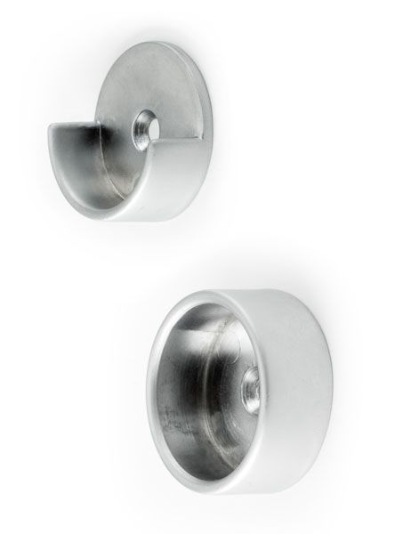 A pair of stainless steel curtain rod brackets on a white background.
