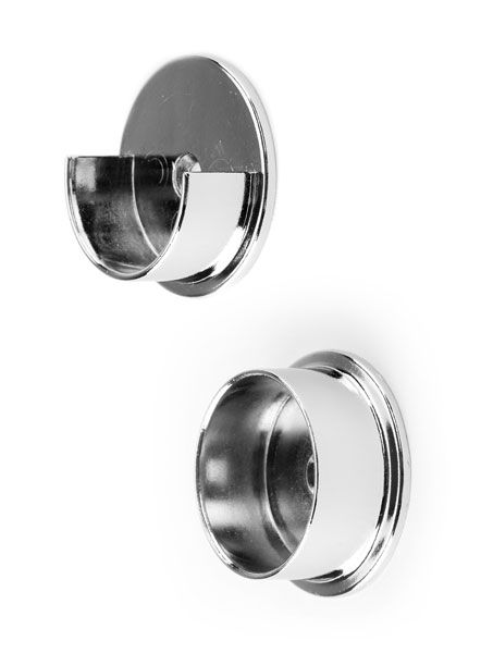 A pair of chrome curtain rod holders on a white background.