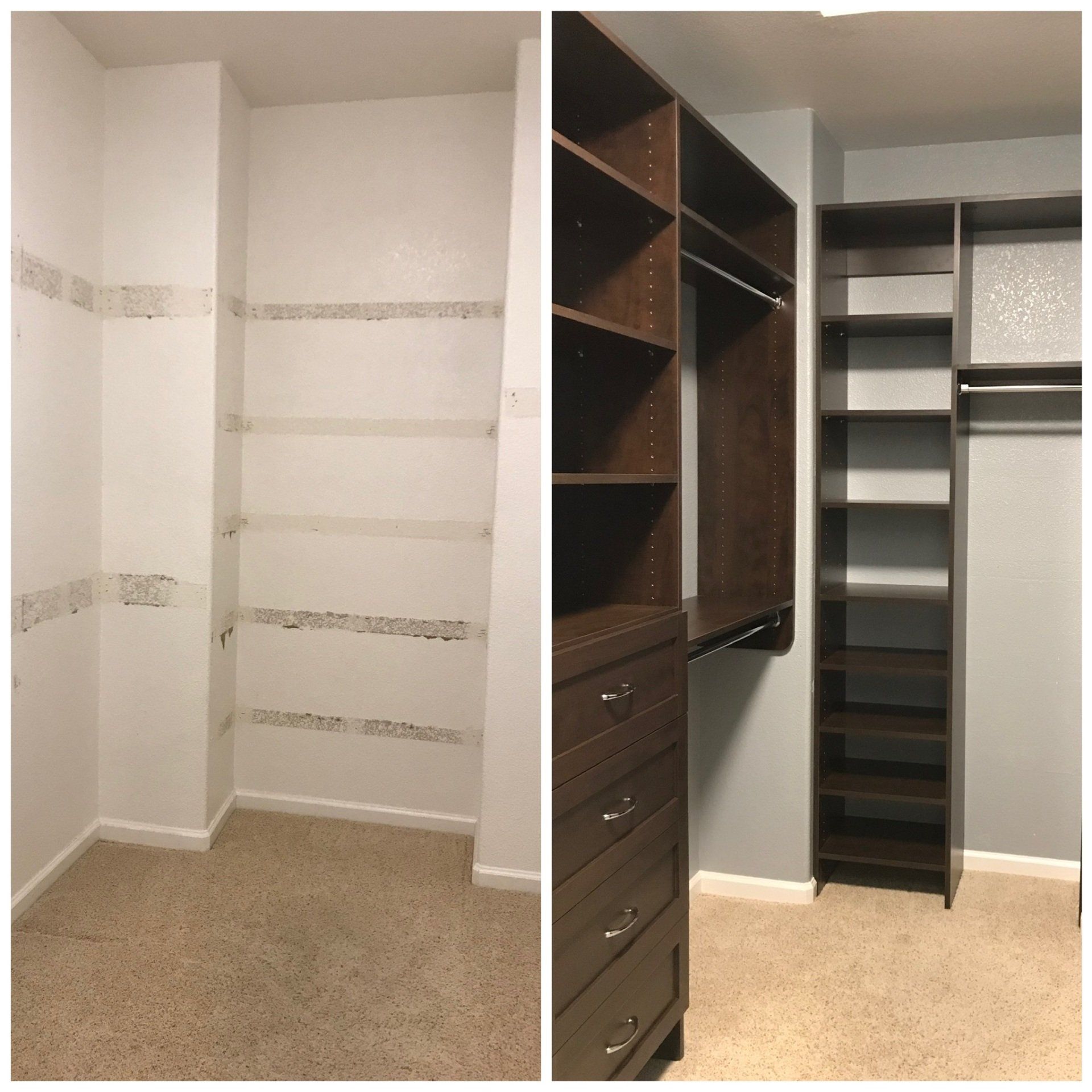 A before and after photo of a walk in closet