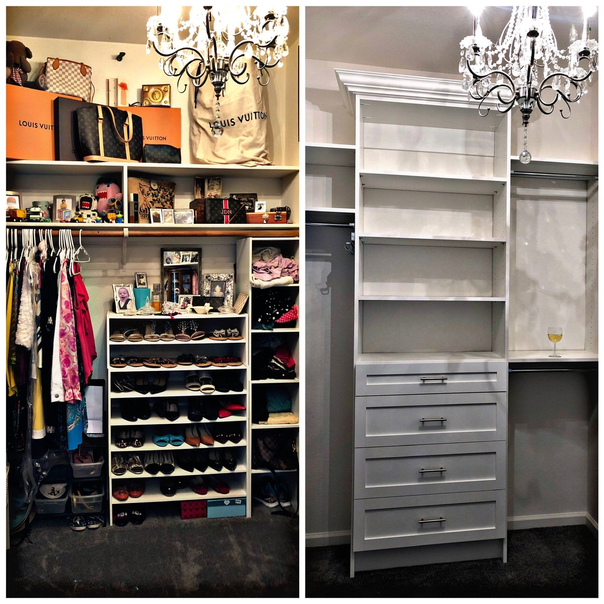 A before and after photo of a walk in closet