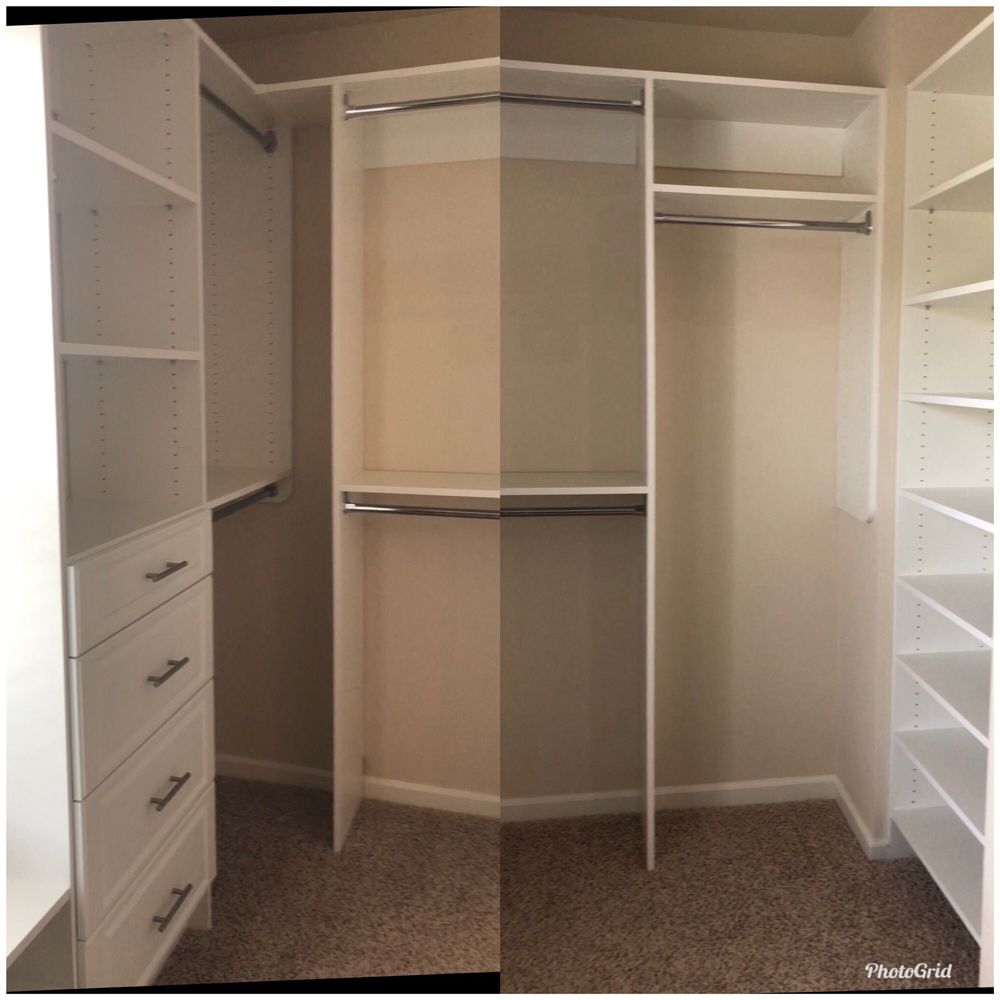A before and after photo of a walk in closet