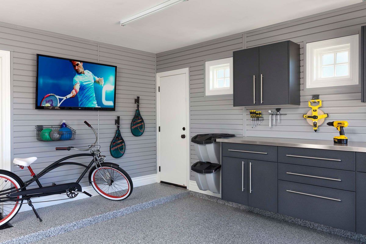 Custom Garage Organizer Cabinets, Workbench and Slatwall Storage System