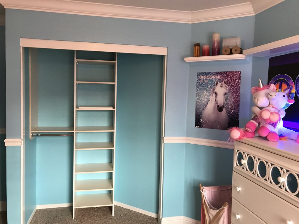 There is a picture of a unicorn on the wall in the closet.