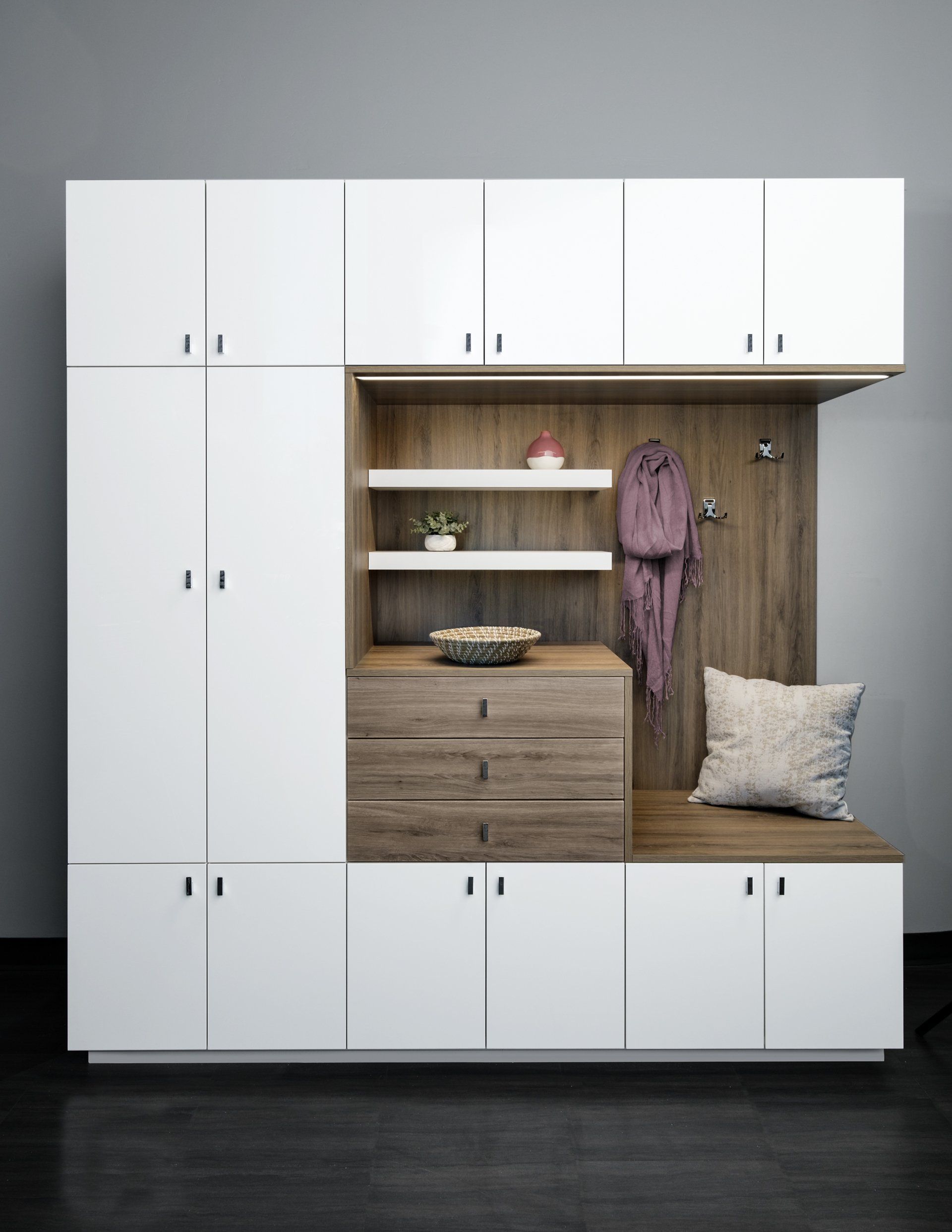 A 3d model of a hallway with white cabinets and wooden shelves.