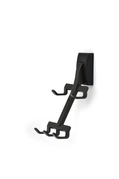 A black hook with two hooks attached to it on a white background.