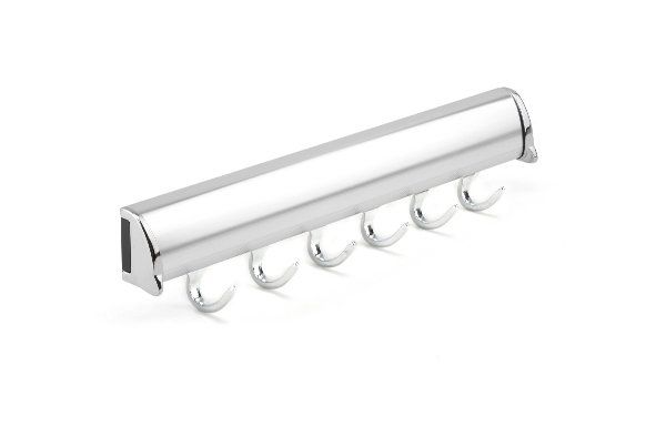 A stainless steel coat rack with six hooks on a white background.