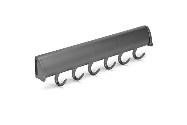 A gray coat rack with six hooks on a white background.